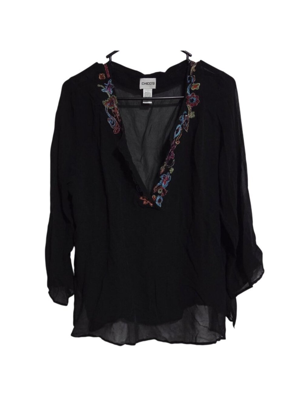 Chicos Tunic Top Womens Size Large Black Sheer 100% Silk Embroidered Floral Trim